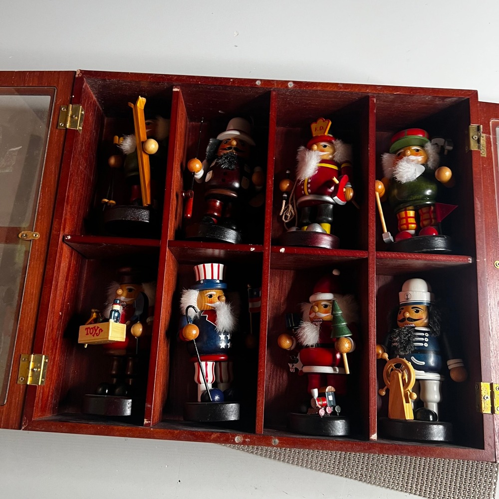 Vintage Miniature Wooden Nutcracker Set of 8 with Glass Wood Display Case Box